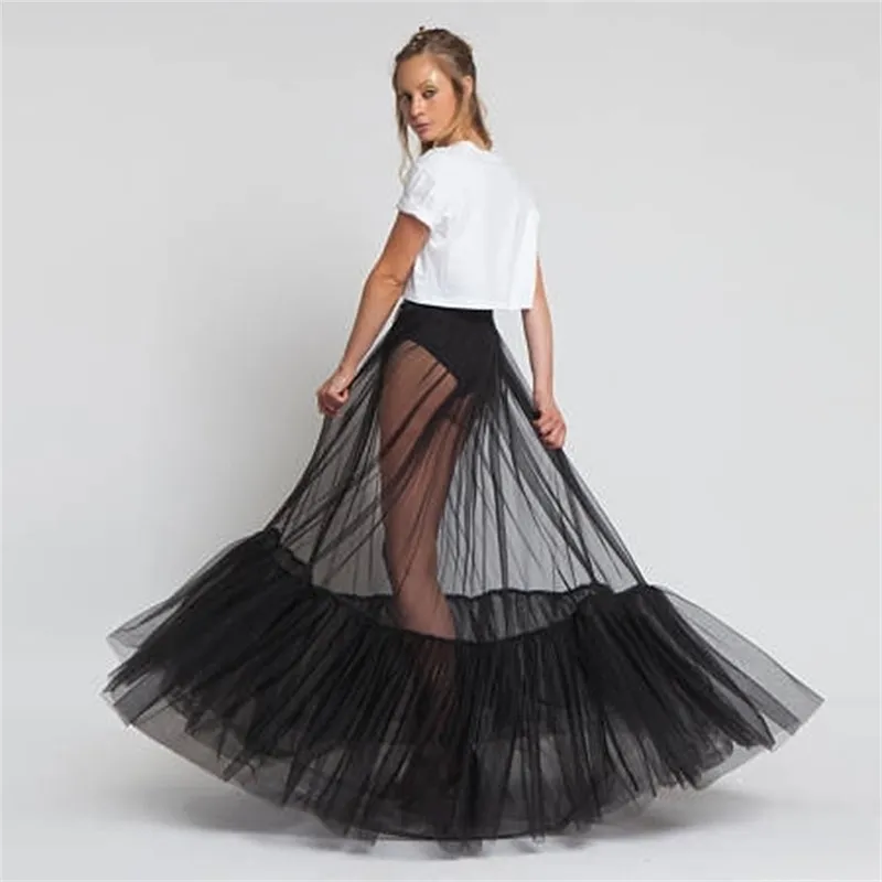 Sheer One Layer svart maxi kjol se genom kvinnor svart lång tyllkjol med unik ruched kant ny design ingen foder 210310