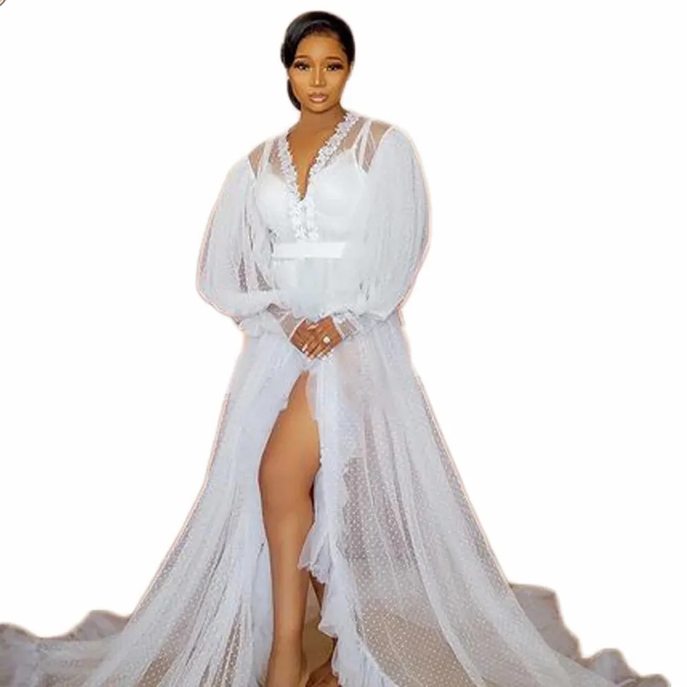 sheer white long sleeve dress sleepwear Leisure Sheer Lace Women's Robe V-Neck Stain Silk Appliques Plush Lock Nightgown Lady Party Sleepwear Evening Dress Customized