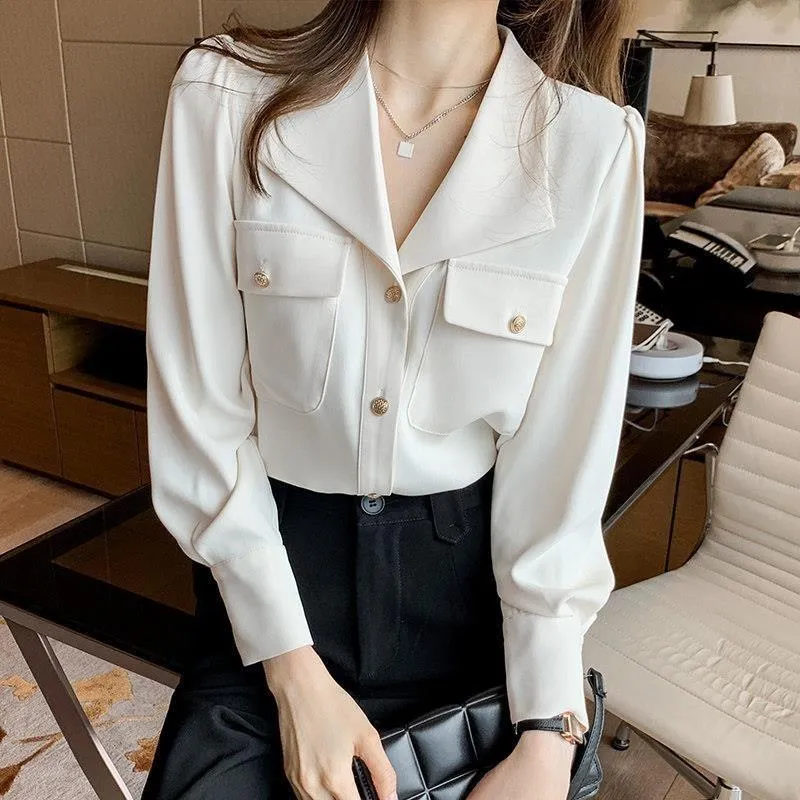 Damesblouses Overhemden 2021 Fashion Tops Kant Elegant Wit Overhemd Dames Doorschijnende Blouse Met Lange Mouwen Crop V-hals Designer Fluwelen Top Koreaans P