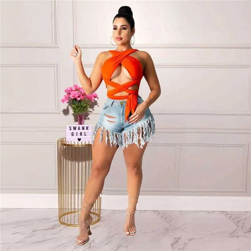 Wholesale Items Jeans 2021 Sexy Summer Denim Shorts High Waist Solid Color Tassel Fashion K7297