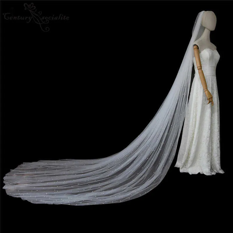 Pearls Ivory Long Bridal Veils with Comb One Layer Cathedral Wedding Veil White Bride Accessories Velos de Noiva X0726278R