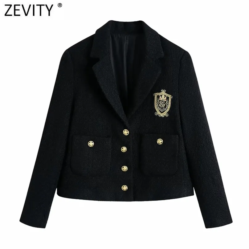 Zevity Women England Style Badge Patch Breasted Woolen Blazer Coat Vintage Long Sleeve Pockets Female Outerwear Chic Tops CT663 211006