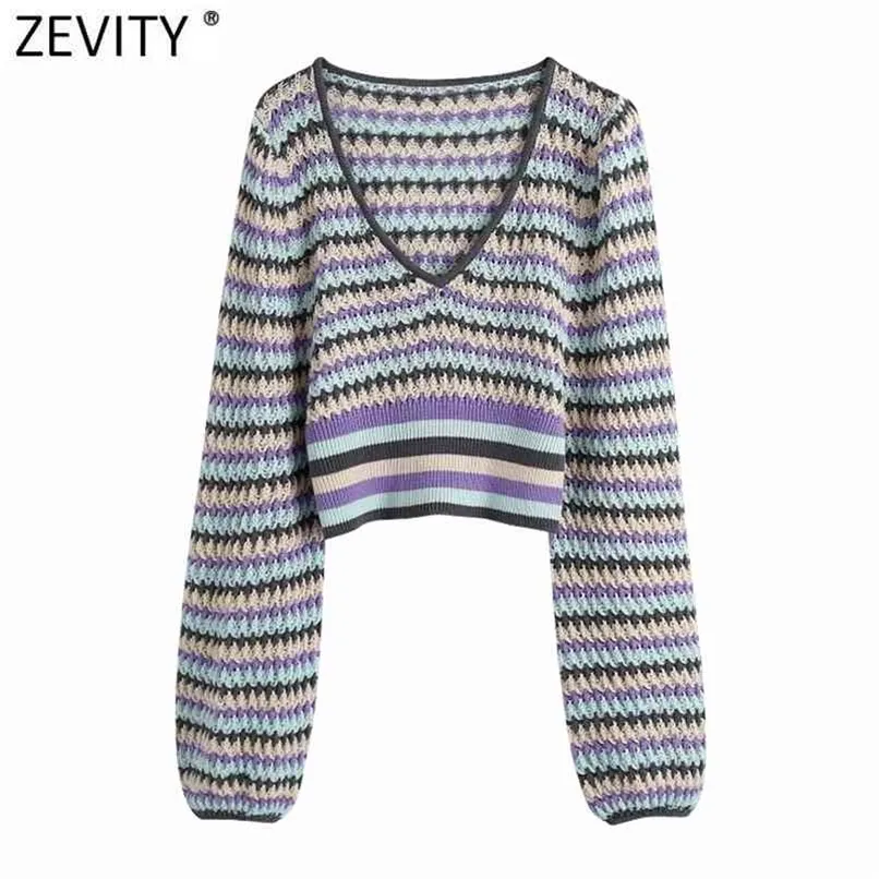 Zevity Women Fashion Color Matching Hollow Out Crochet Stickning Sweater Ladies V Neck Casual Slim Crop Pullovers Tops SW822 210914
