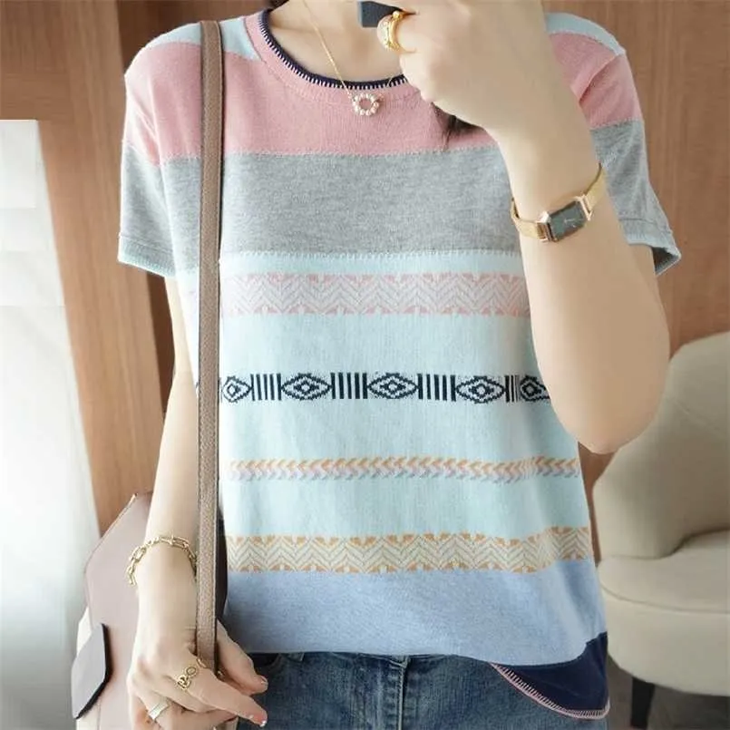 Kortärmad Kvinnor Pullover Ladies Sommar Isens Silke O-Hals Striped Stickad Tshirts Feminine Sexiga Fashion Sweaters 211103