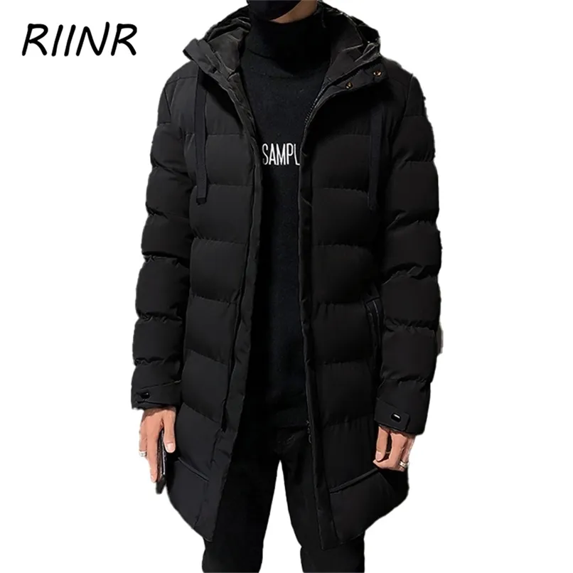 Riinr Winter Cotton-Patded Jacket Mid-Lengte Koreaanse mannen Dikke Warme Mens Down Padded Hooded Jas 211124