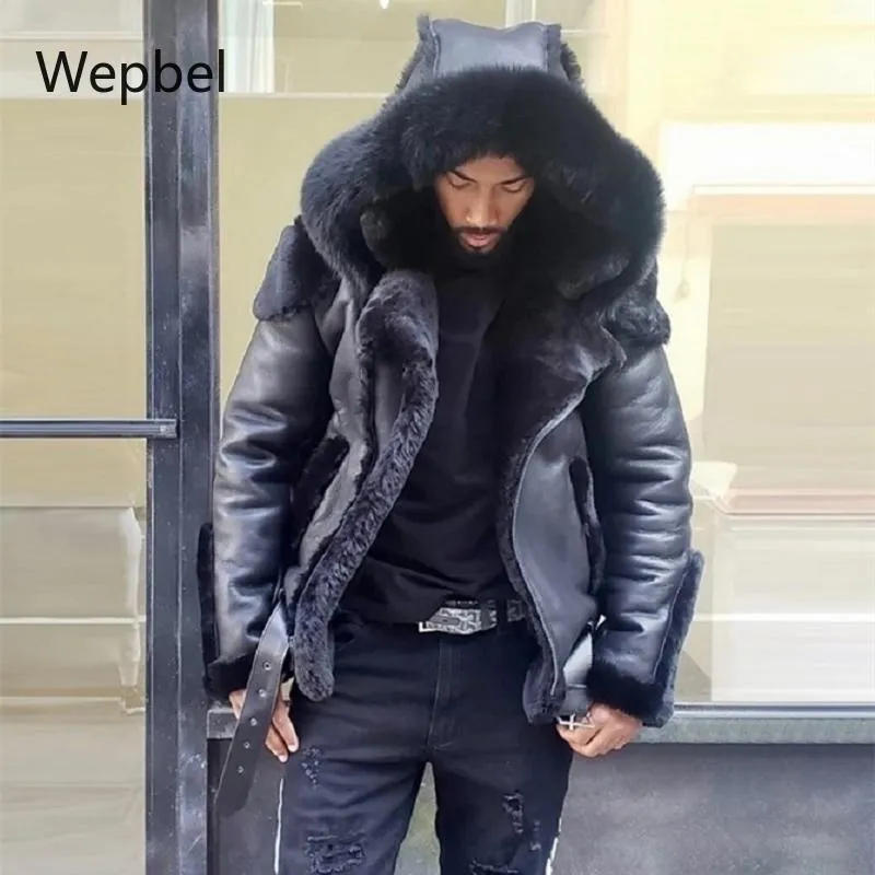 Mens Leather Jackets: Furry Faux WEPBEL Motorcycle Coats, Hooded 