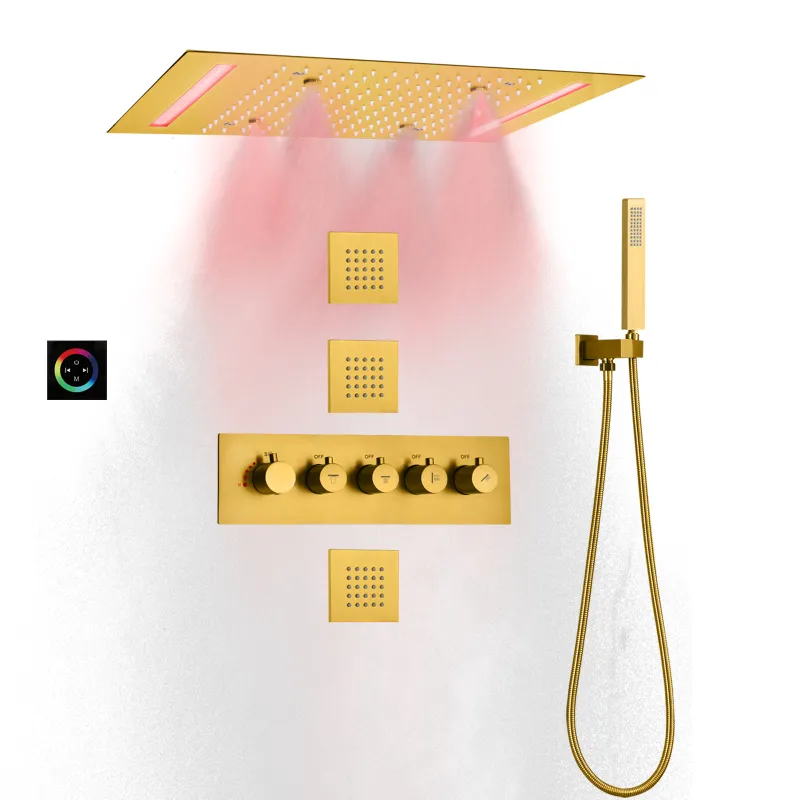 ブラシ付きゴールドサーモスタットレインフォールシャワーミキサー50x36 cm LEDトップエンドバスルームの霧化降雨システム