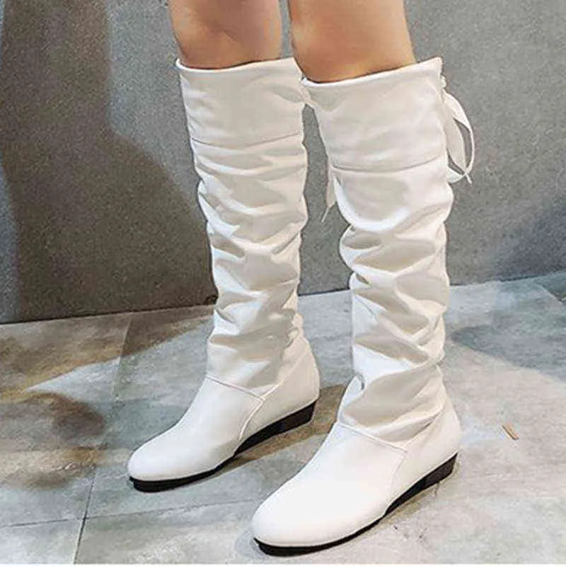 Woman Knee High Boots Red Black White Tall Boots Woman Pleated Low Heel Casual Leather Autunm Winter Female Long Shoe Women New H1116