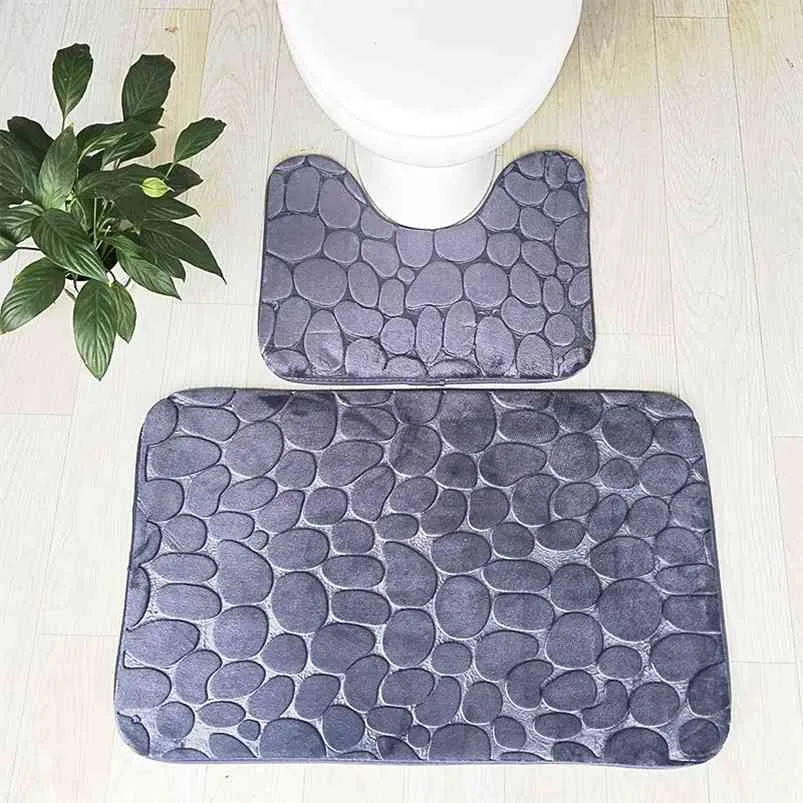 2pcs/Set 3D Cobblestone Bathroom Carpet Toilet Rugs High Resiliency Bath Floor Mats Toilet Lid Cover Anti Slip Flannel Pads 210724