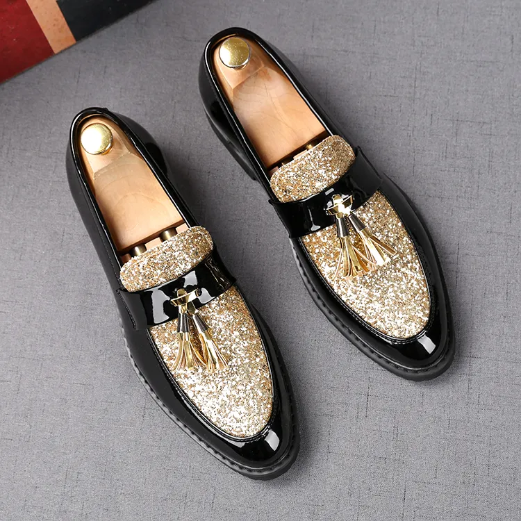 Luxury Style Sequins Men's Business Prom Shoes tassel Comfortable Wedding Pointed Toe Men Flats Loafers Footwear