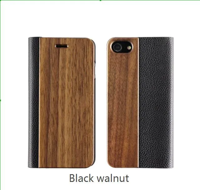 2021 Fashion Natural Walnut Wood Leather PU Flip Custodie per cellulari impermeabili per iPhone 6 7 8 Plus X XR Xs Max Staffa antiurto Cover posteriore Shell