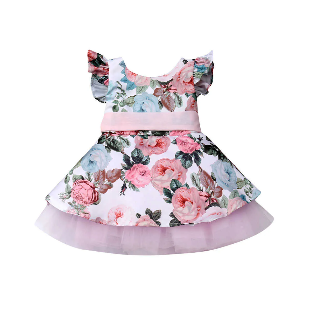 Formal Princess Kids Baby Girls Dress Lace Floral Print A-Line Party Ruffles Petal Sleeve Clothes Q0716