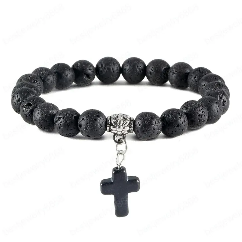 Pedra Natural Cross Breaded Braceletes Charme Mulheres Homens Preto Lava Rock Bead Onyx Strand Strand Bracelete Pulseira Pulseira Jóias