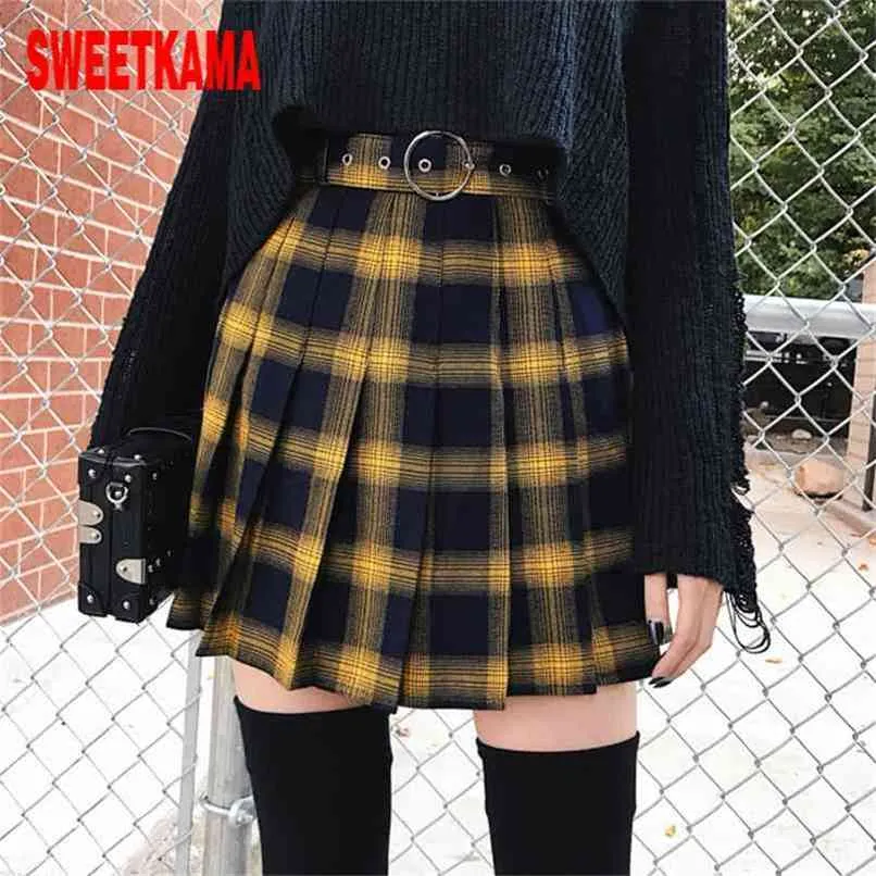 Paris Girl Spring Summer Harajuku Women Fashion Skirts Cute Yellow Black Red Lattice Pleated Skirt Punk Style High Waist Female 210619