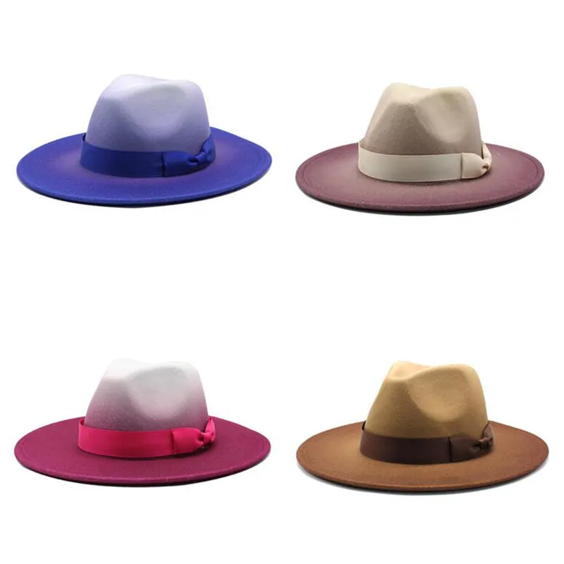 ニュージャズフェルトFedora帽子パナマ帽子女性グラデーションワイドブリム帽子ヨーロッパアメリカ女性トップキャップレディースガールズファッション旅行街キャップ
