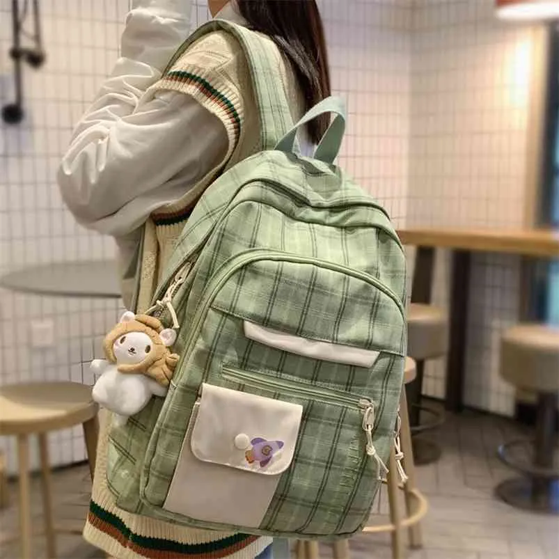 DCIMOR大容量マルチポケットコットンとリネン女性バックパックプレッピースタイルPlaid Surch Bag College Student Laptop Backpack 210922