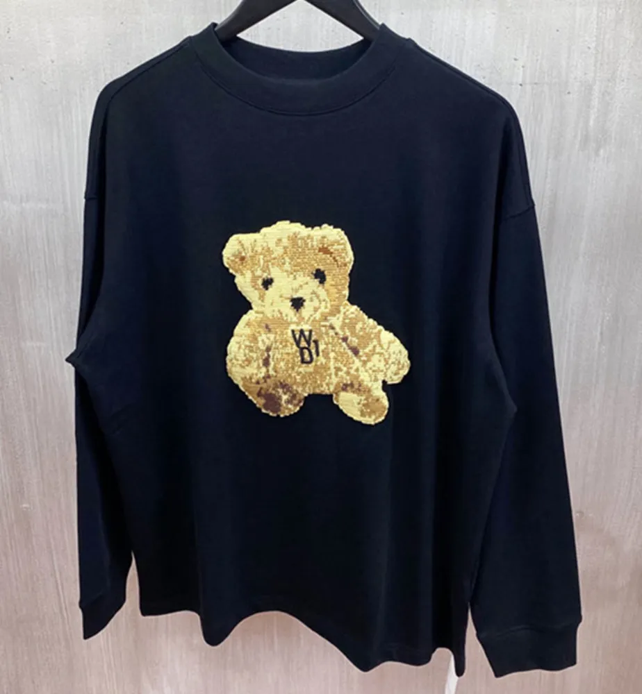 Men's Hoodies We11done autumn winter new embroidery three-dimensional Plush Bear Long Sleeve Tee loose casual men's and women's couple T-shirt fashion