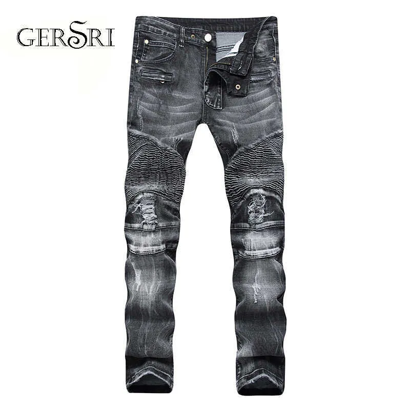 Gersri Men Dżinsy Slim Skinny Biker Plisowane Spodnie Hip Hop Myte Bleached Casual Moto Zipper Denim Spodnie Długie Spodnie Męskie X0621