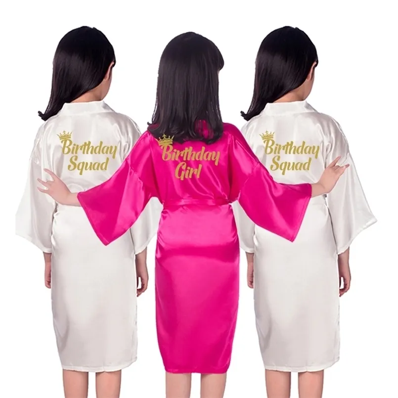 Birthdaygirl robes spa party Kids Satin children flower girl gift Sleepover kimono gold writing birthday squad 210724