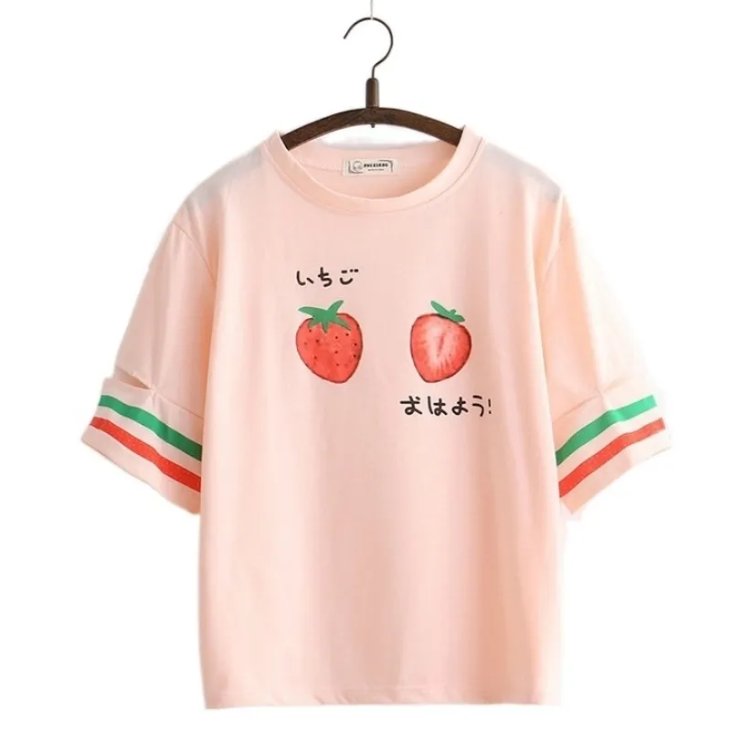 Веселая симпатичная клубника футболка для девочек Harajuku футболка женщин с коротким рукавом укарь хлопчатобумажная футболка полосатый мультфильм печатные топы Tee 210310