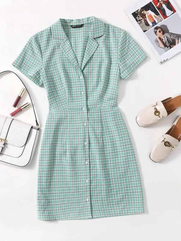 Plaid Button Front Shirt Dress SHE