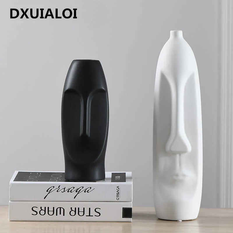 ノルディックミニマリストの抽象的な花瓶黒と白の人間の顔クリエイティブな家の装飾的なフィギュアヘッド形のセラミック花瓶dxuialoi 210607