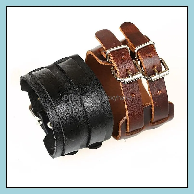 Cuff Bracelets Jewelrypunk Retro Wide Leather Double Buckle For Men And Women Punk Cowe Bracelet Drop Delivery 2021 C9St3