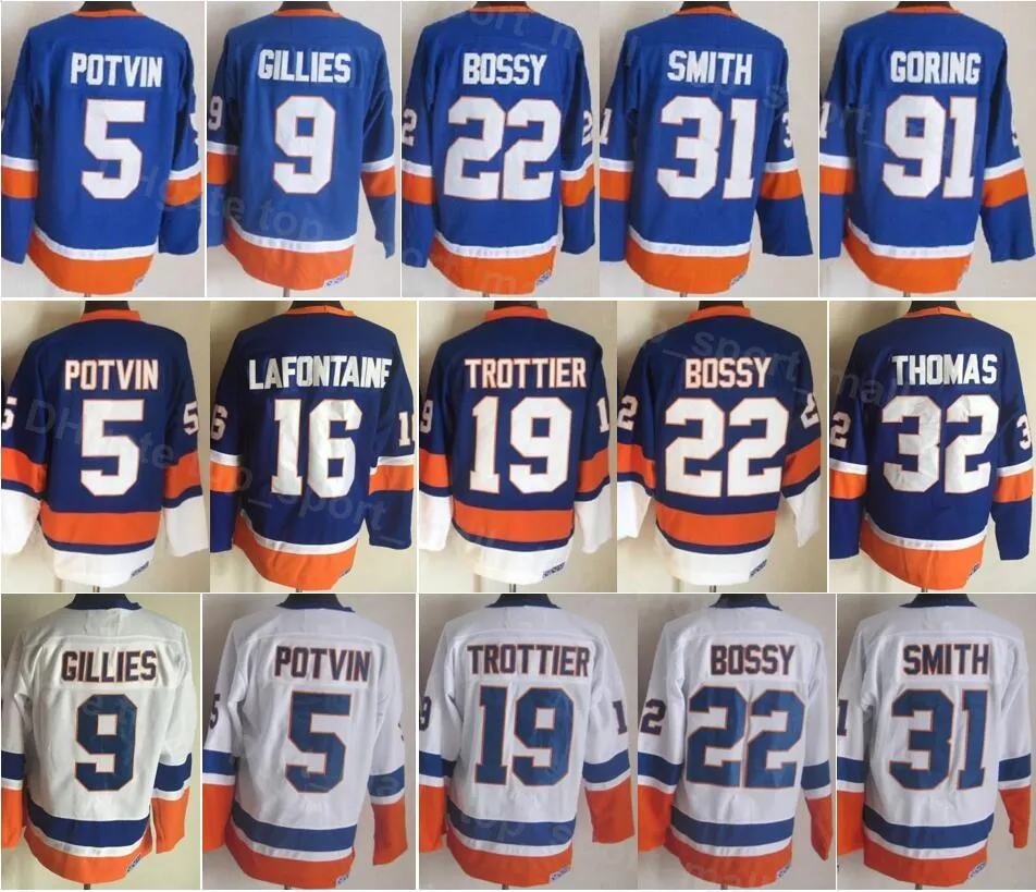 Men Vintage Retro Ishockey 22 Mike Bossy Jersey 5 Denis Potvin 9 Clark Gillies 19 Bryan Trottier 31 Billy Smith 32 Steve Thomas John Tavares 91 Butch Goring DaoMin