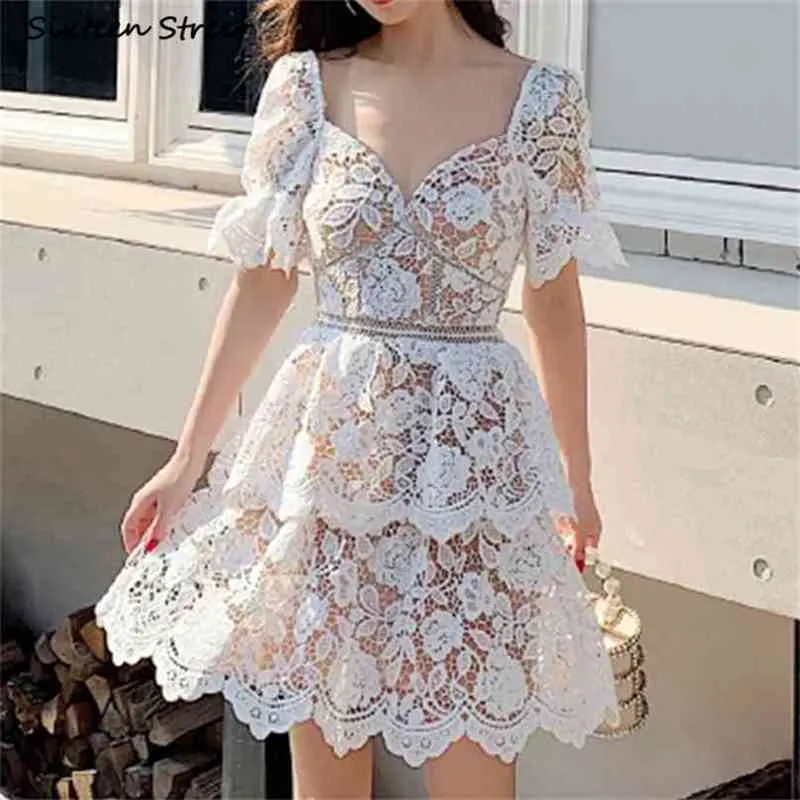 Sommarblå spets klänning för kvinna Ruffles nacke full-ärm Hollow Out Runway Patchwork High Waist Self Vestidos Ladies 210603