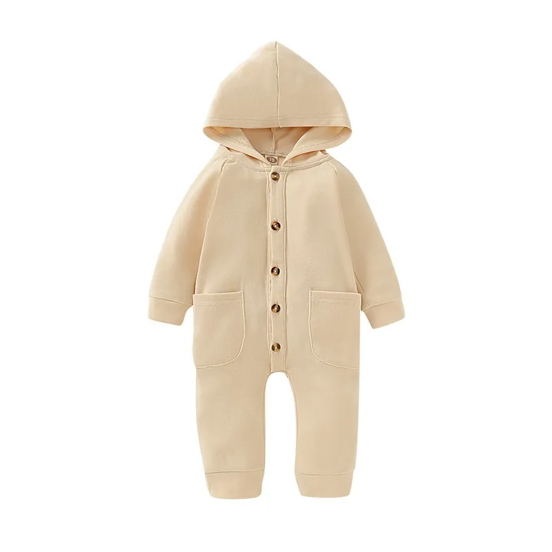 2020Baby Vår Höstkläder Nyfödd Spädbarn Baby Boy Girls Kid Solid Långärmad Hooded Knappfickor Romper Vinter Varm 1723 B3