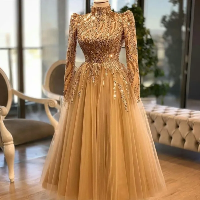 Luxury Crystal Evening Dresses Champagne High Neck Long Sleeves Appliques Beaded Sexy Prom Robe De Mariée Custom Made Formal Party Gowns