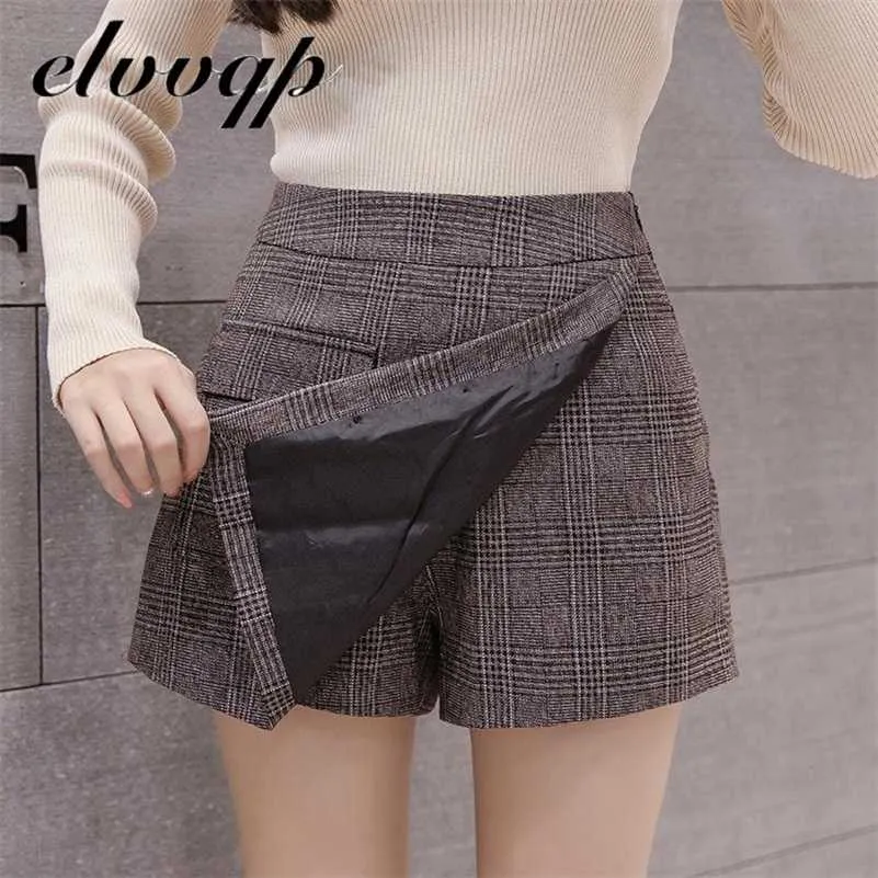 High Quality Autumn Pocket Woolen Blend Winter Shorts Women Fashion Button Plaid Office Work Skirt Retro Women Mini Skirts 211120