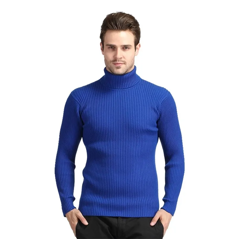 Camisola de pulôver masculino de inverno Estilo coreano cor sólida cordas de gola alta malha preta azul homens vetement homme 210604