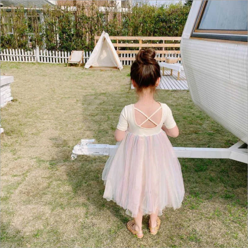 Flickor Kortärmad Klänning Prinsessan Baby Bomull Rainbow Light Dresses Barnens Back Cross Prom Kläder Koreansk Stil 2021 Sommar Q0716
