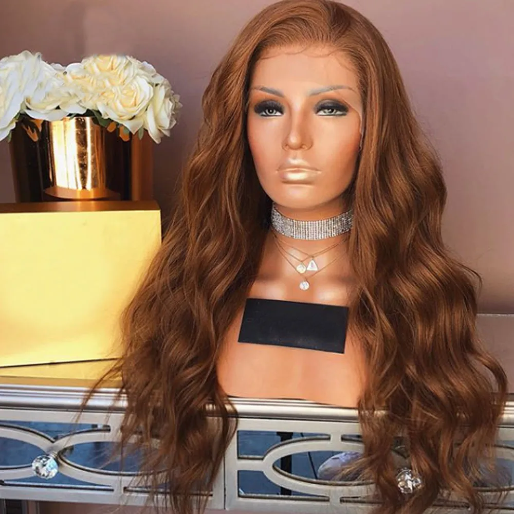 Light Brown Humano Humano Perucas Ondulado Renda Frente Wig Virgin Brazil Brazil Body Onda Glueless Lace Peruca Com Bebê Cabelo Cor # 8