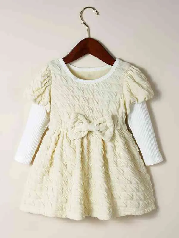 Baby Gigot Sleeve Bow Front Textured Dress SHE
