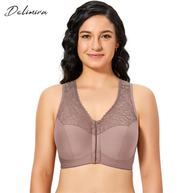 Delimira Women's Front Closure Full Figure Wirefree Racerback Lace Plus Size Bra 211110