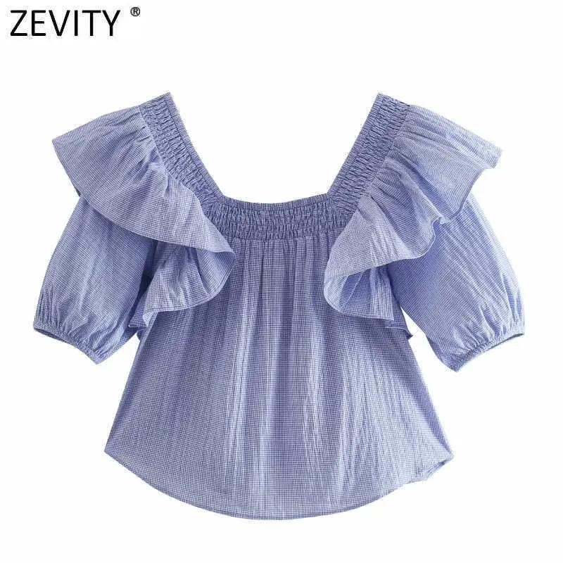 ZEVITY Donna Vintage Colletto quadrato Stampa a righe Camicetta grembiule corta Camicetta pieghettata da donna Casual Femininas Camicia Chic Top LS9301 210603