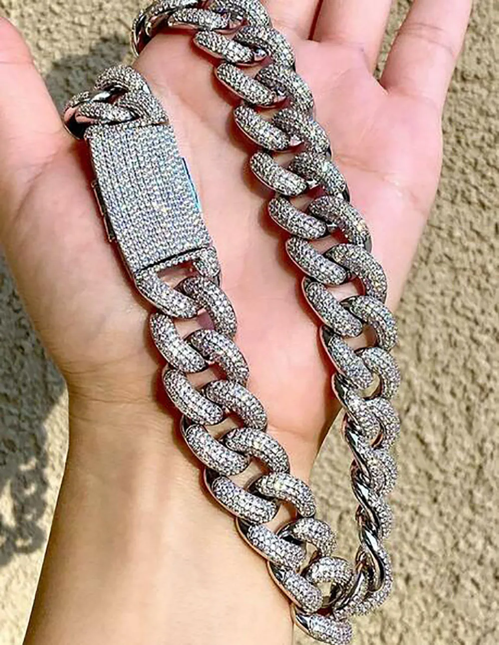 Collier chaîne cubaine à maillons glacés de 20mm, plaqué or blanc 14K, 2 rangées de diamants, zircone cubique, bijoux 16 à 24 pouces, 198o