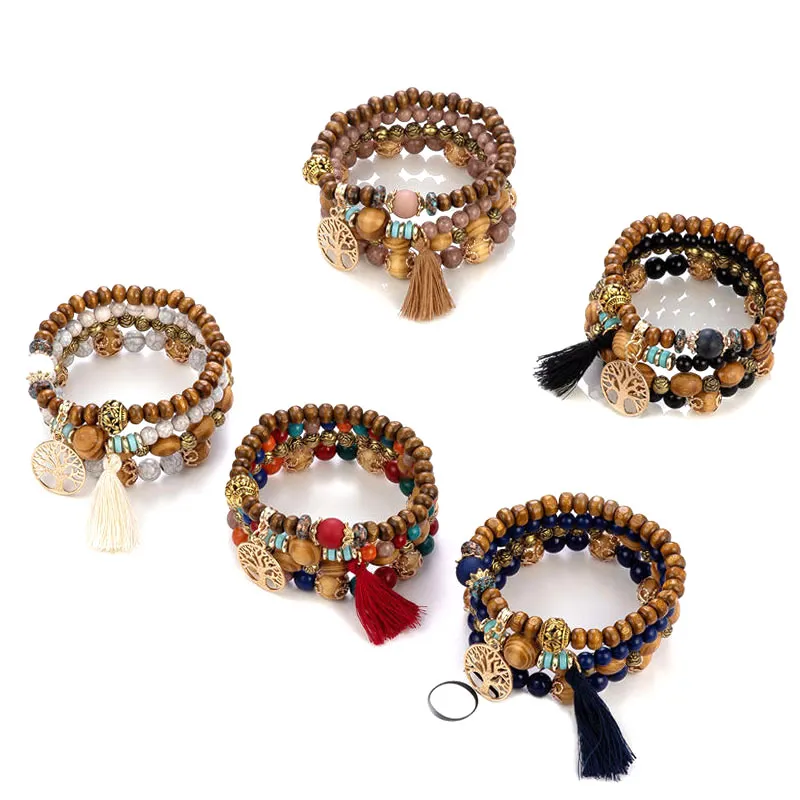 Bohemia Beaded Strands Bracelet Tibetan Buddhist Wood Prayer Tree Of Life Tassel Crystal Bead Mala Bracelet Beads Bracelets Women Wholesale Price