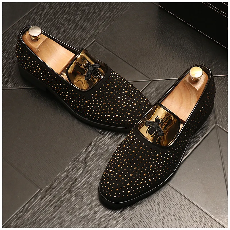 NEW Men embroidery skull Shoes Fashion black Gold Casual Flats Men`s Designer Dress Shoes Sequined Loafers Men`s Platform Driving Shoes 38-44