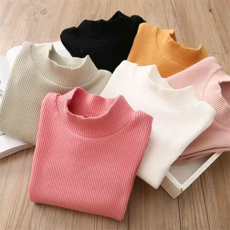 Autumn Winter 2 3 4 6 8 10 Year Child Long Sleeve Solid Color High Neck Turtleneck Basic Cotton T-Shirt For Kids Baby Girls 210701
