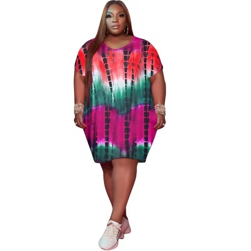 Mulheres Vestidos Verão Produto Tie Dye Manga Curta Solta Oversized Vestido Casual Vestido Atacado Plus Size Roupas 210525