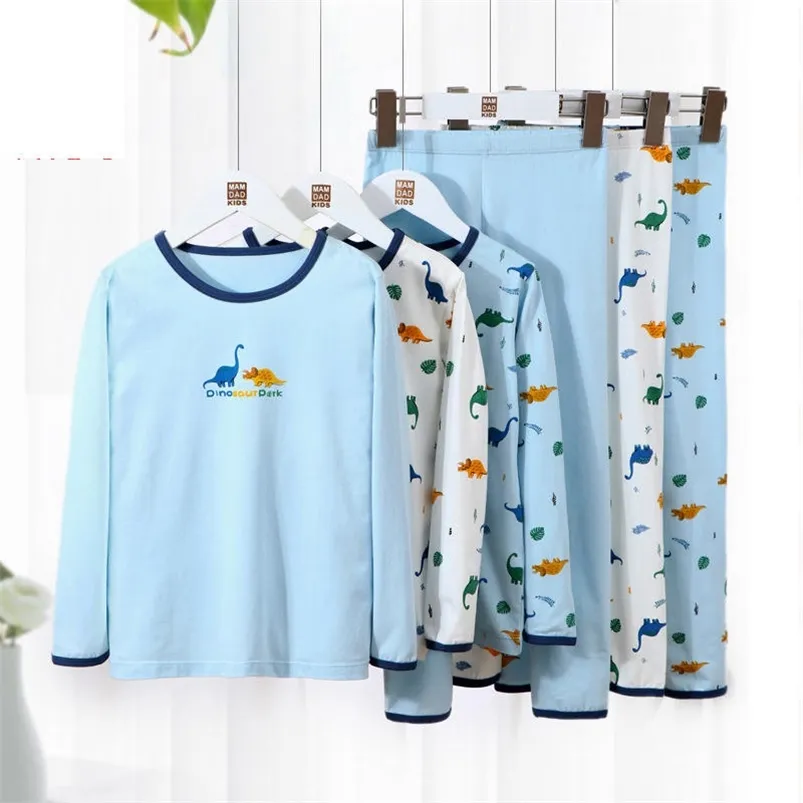 Bomull O-Neck Long Johns för Boys Fashion Baby Themals Cartoon Dinosaur Print Sleepwear Toddler Kids Thermal Underwear 2-12yrs 210622