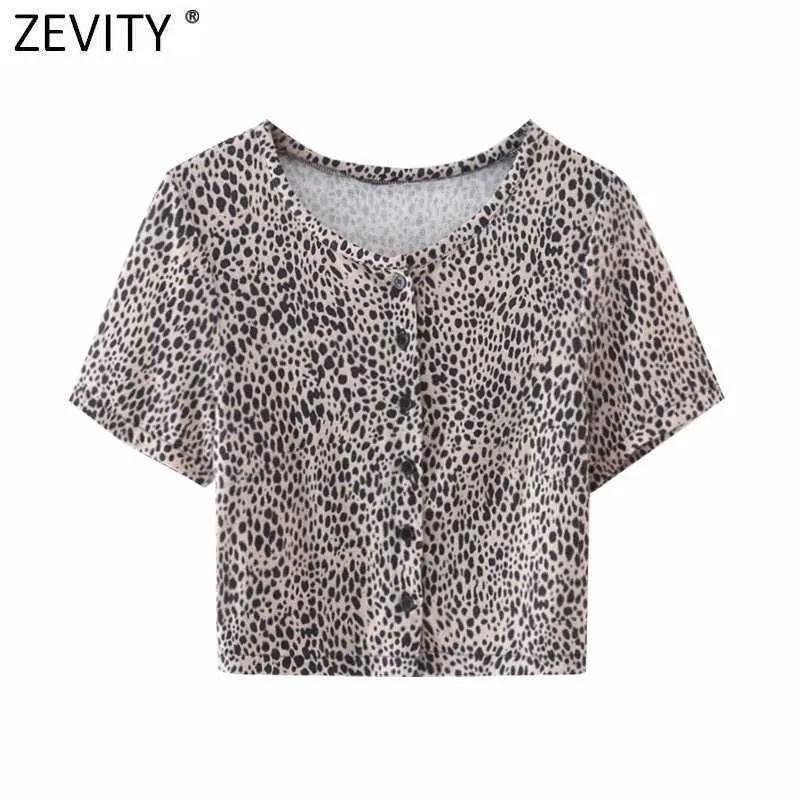 Zevity Women Fashion Leopard Print Short Slim Blouse Franska Kvinnliga Basic Short Sleeve Casual Shirts Chic Chemise Toppar LS9164 210603