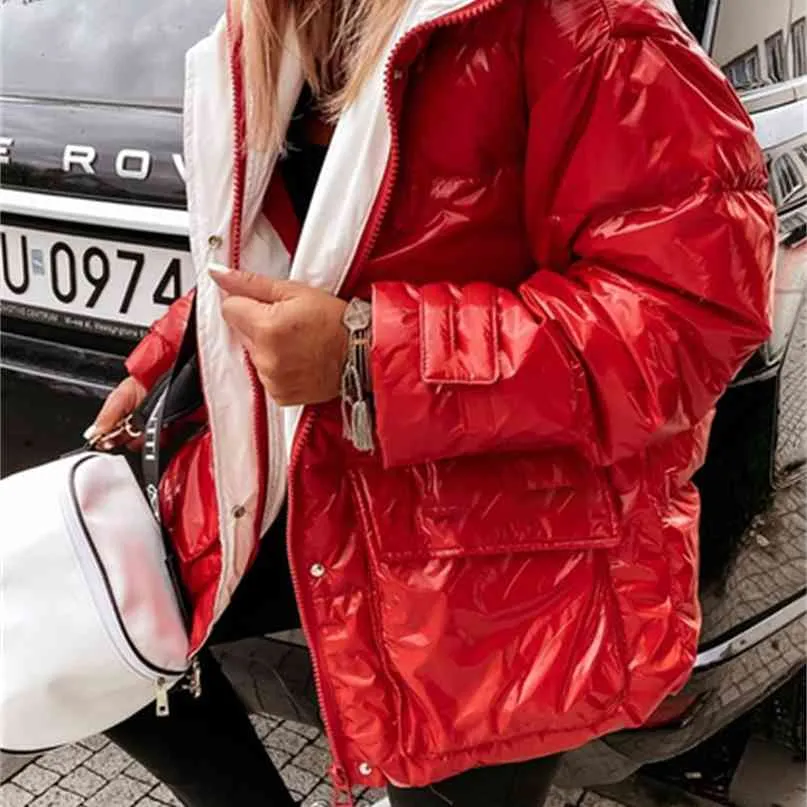 Зима блестящая пальто с капюшоном женщины с длинным рукавом на молнии повседневная уличная машина бомбардировщик густой теплый парк верхняя одежда плюс размер 210923