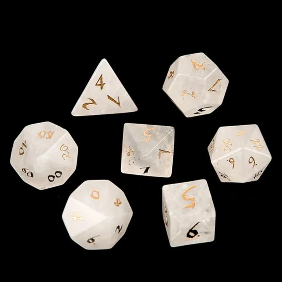 Natural White Crystal Loose Gemstones Engrave Dungeons And Dragons Game-Number-Dice Customized Stone Role Play Game Polyhedron Stones Dice Set Ornament Wholesale
