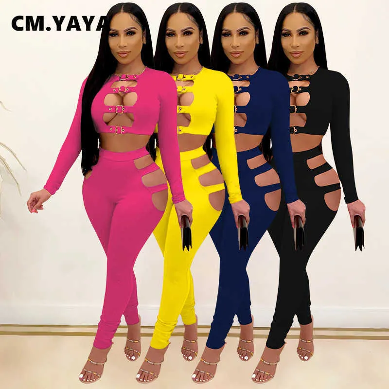 CM.YAYA Donna Set Solid Scava Fuori Guaina Elastico Manica Lunga Crop Top Vita Media Pantaloni Lunghi 2 Pezzi Set Sexy Outfit Primavera Autunno Y0625