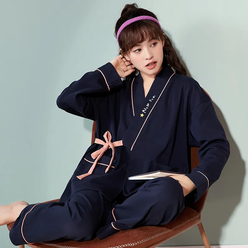 Ensemble pyjama à bretelles Kimono pour femme, vêtement de nuit entièrement élégant, en coton doux, collection printemps-automne 2021