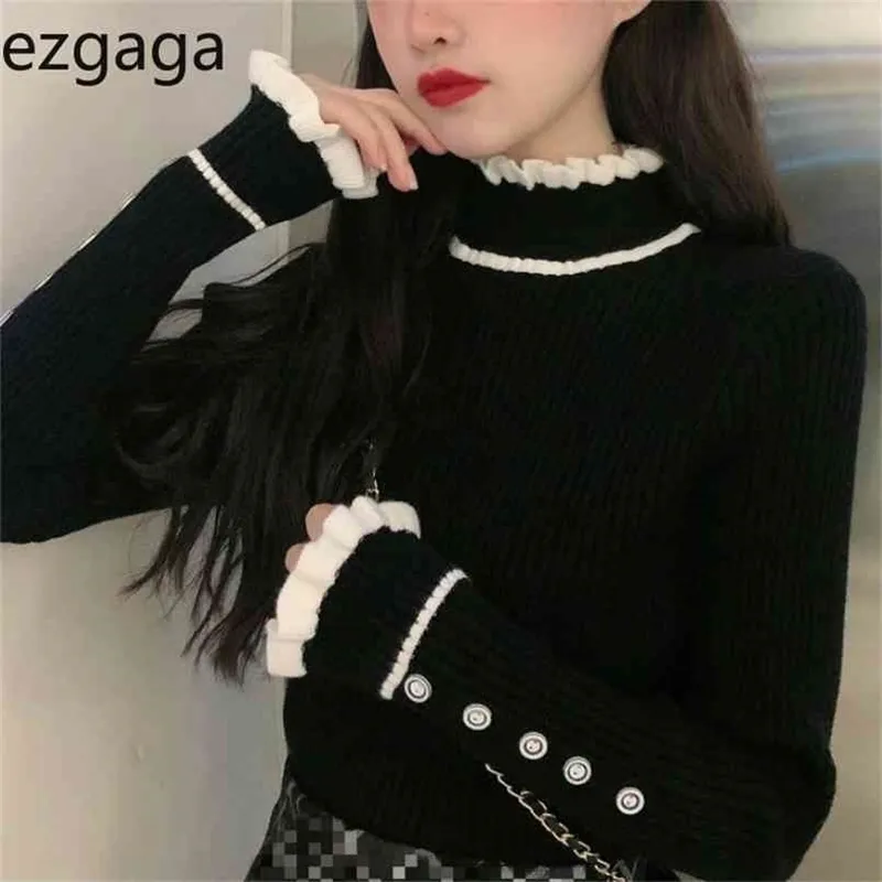 Ezgaga Podstawowy sweter Pullover Kobiety Zima Koreański Turtleneck Vintage Patchwork Ruffles Button Sweet Base Knit Tops Moda 210806